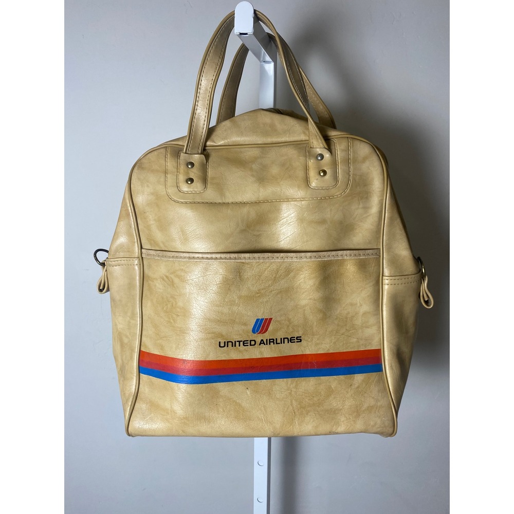 Vintage United Airlines Flight Bag Tan Vinyl Carry On Travel Tote Retro Stripe